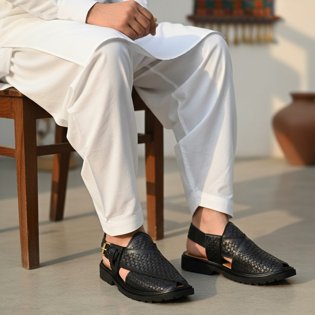 Black Peshawari Chappal with Vibram Sole